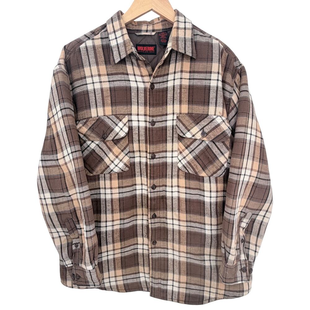 Wolverine Flannel Shirt Jacket Mens Large Brown Plaid Quilted Lined Shacket
